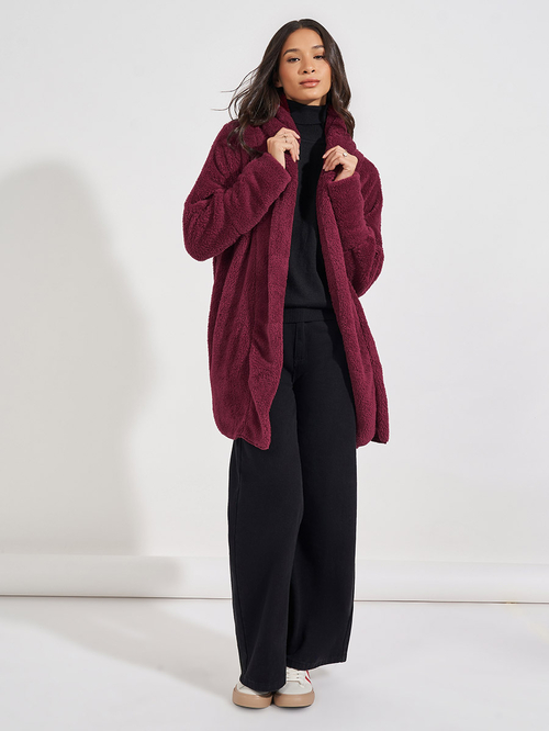 Buy Regular Fit Longline Faux Fur Coat Burgundy For Women Styli UAE