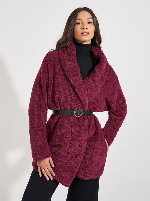 Buy Regular Fit Longline Faux Fur Coat Burgundy For Women Styli UAE