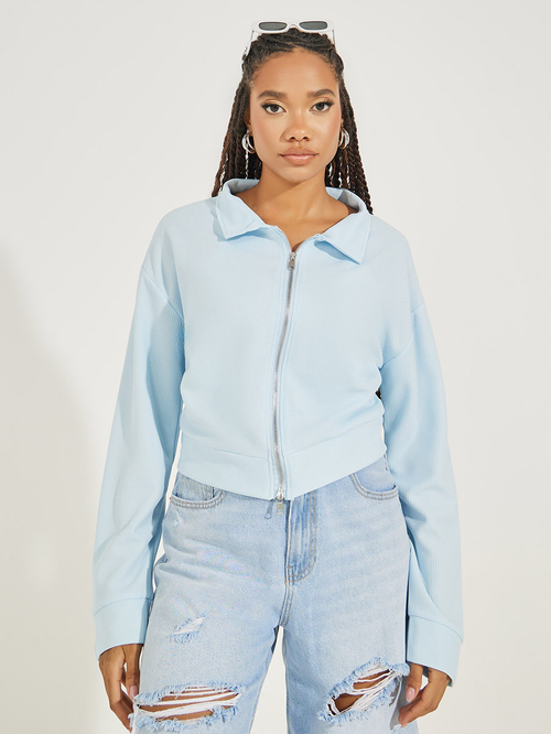 Buy Waffle Knit Two Way Zipper Jacket Blue For Women Styli Saudi