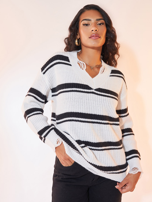 Buy Wide Striped Distressed V Neck Sweater Multi For Women Styli Kuwait