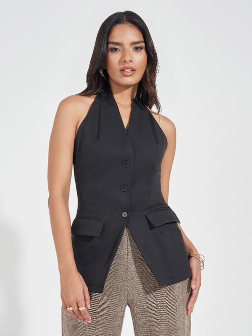 Buy Halter Neck Waistcoat with Flap Detail Black For Women Styli UAE