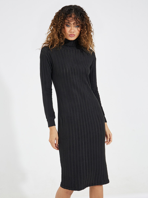 Buy Rib Turtle Neck Bodycon Midi Dress with Dropped Shoulder Black For Women Styli Saudi