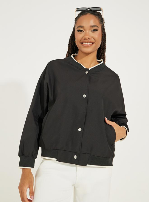 Buy Snap Button Bomber Jacket with Dropped Shoulder Black For Women Styli Kuwait