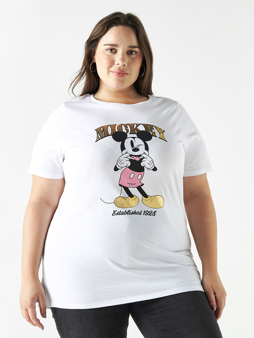 Buy Plus Size Mickey Mouse Print T Shirt with Crew Neck White For Women Styli Saudi