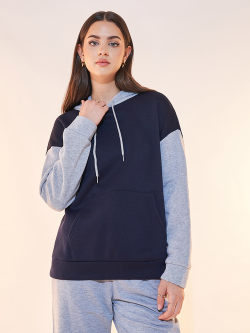 Buy Color Block Hoodie with Kangaroo Pocket Navy Blue For Women Styli Saudi