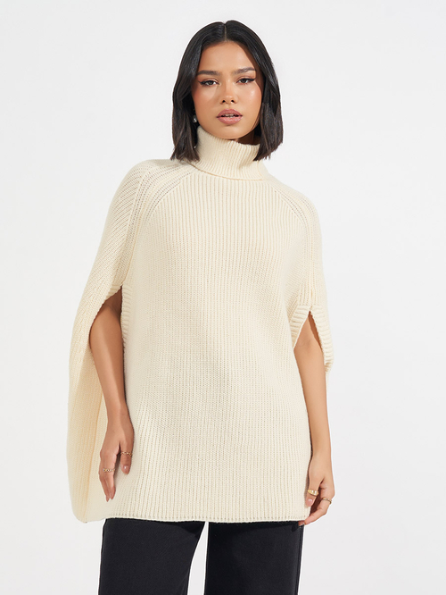 Buy Oversized Longline Cape Sleeves Sweater Off White For Women Styli Kuwait