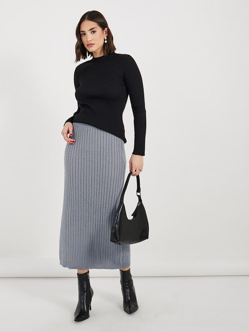 Buy Separates Split Side Ribbed Knit Maxi Skirt Grey For Women Styli UAE