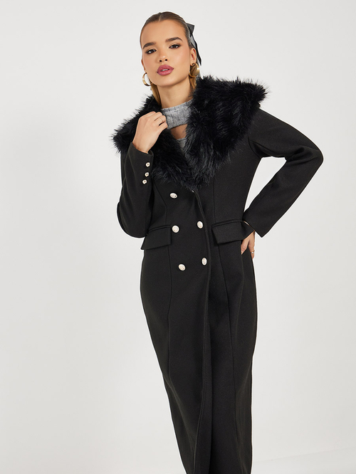 Long wool coat with fur collar best sale
