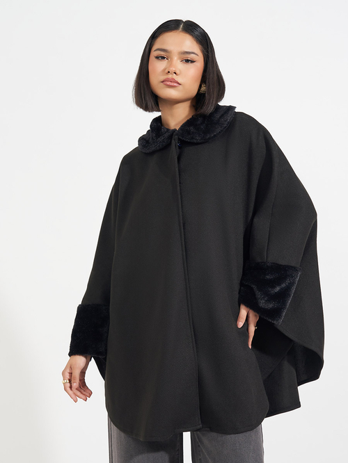 Buy Oversized Longline Faux Fur Trim Wool Like Cape Coat Black For Women Styli Saudi