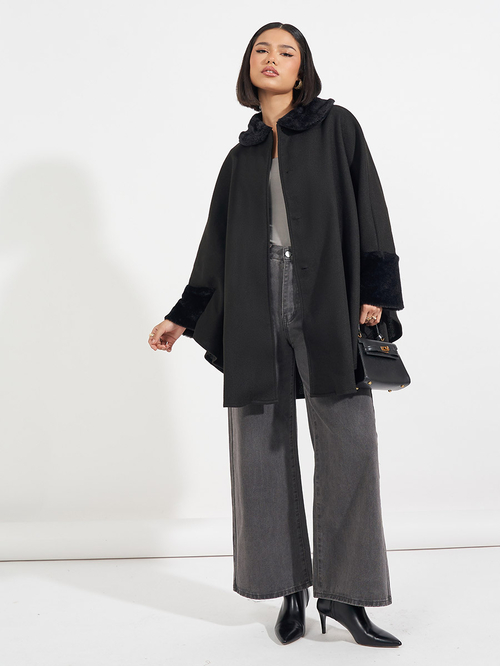 Buy Oversized Longline Faux Fur Trim Wool Like Cape Coat Black For Women Styli UAE