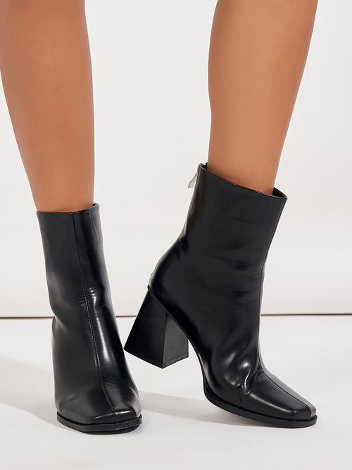 Buy Square Toe Block Heel Leather Boots Black For Women Styli Saudi