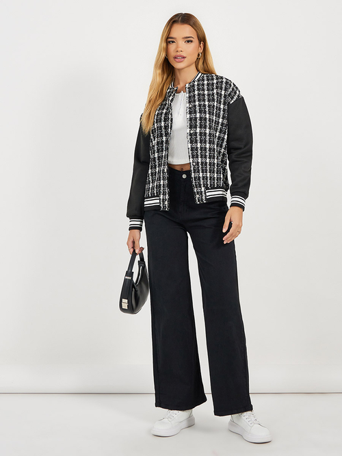 Buy Oversized Fit Regular Length Tweed Bomber Jacket Black For Women Styli Kuwait