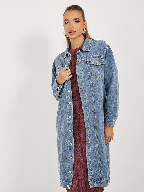 Knee length denim jacket online