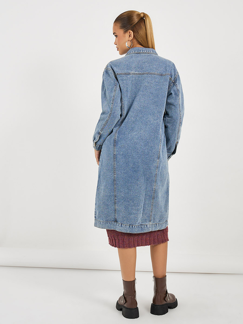Knee length denim jacket shop