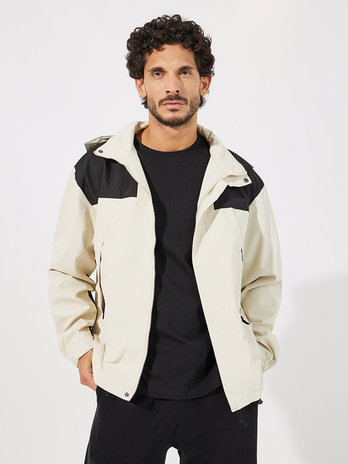 Buy Color Block Windbreaker Hooded Jacket with Zip Detail Off White For Men Styli Kuwait