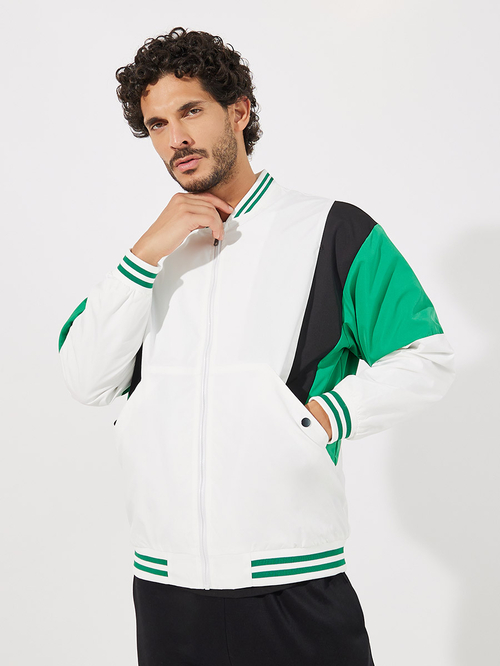 Buy Retro Color Block Bomber Jacket with Rib Detail White For Men Styli Saudi