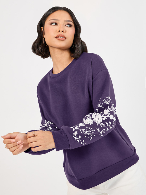 Buy Floral Sleeve Print Dropped Shoulder Sweatshirt Purple For Women Styli Kuwait