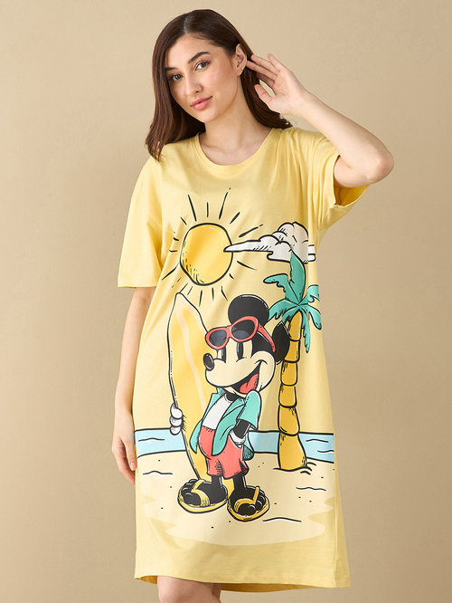 Buy Mickey Mouse Print Sleep T Shirt Dress with Short Sleeves Yellow For Women Styli UAE
