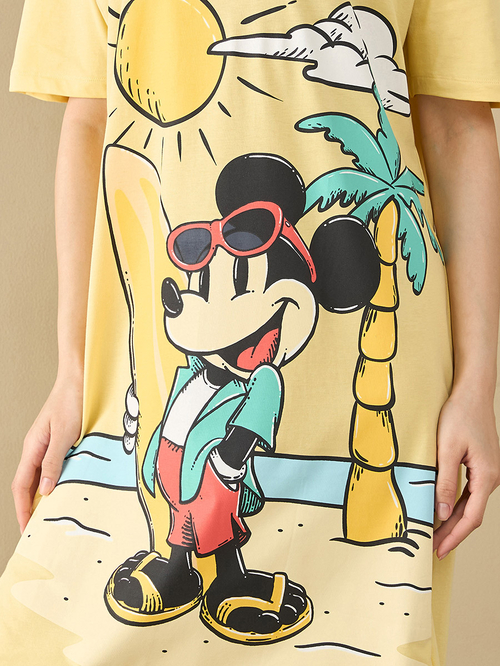 Buy Mickey Mouse Print Sleep T Shirt Dress with Short Sleeves Yellow For Women Styli UAE