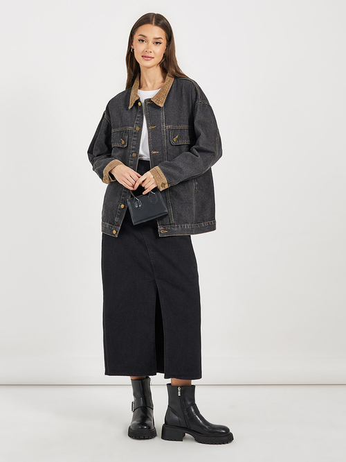 Buy Oversized Longline Denim Jacket Black For Women Styli Saudi