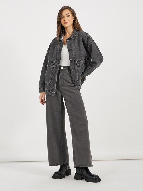 Longline black denim jacket womens sale