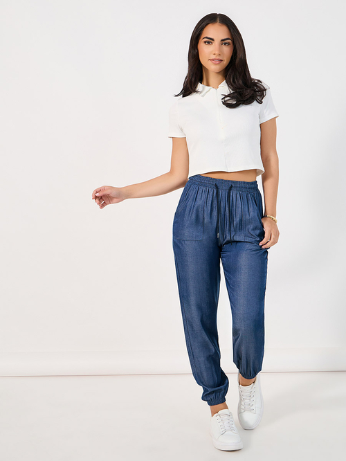 Womens denim cuffed joggers deals