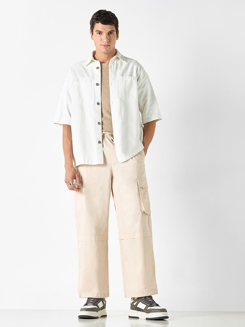 Buy Solid Wide Leg Joggers with Cargo Pocket Beige For Men Styli UAE