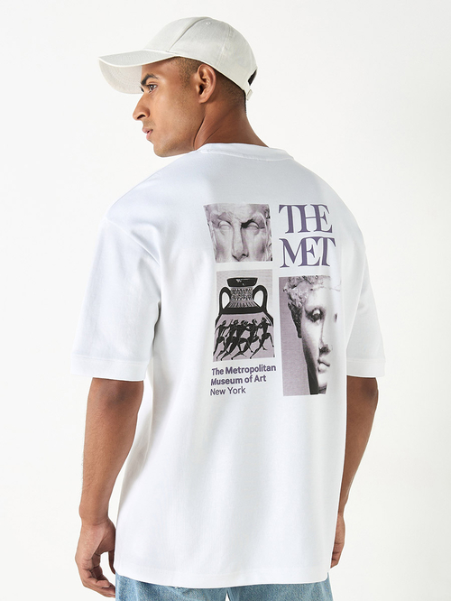 Buy Oversized The MET Graphic Print Crew Neck T Shirt White For Men Styli Kuwait