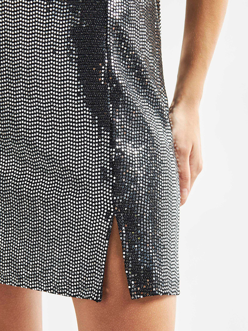 Buy Sequin Embellished Mini Skirt with Slit Detail Black For Women Styli UAE