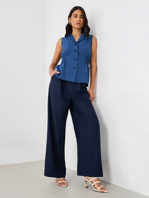 【SATIIIZ】[Made] Dype Pintuck Wide String Slacks Buy Wide Leg Pintuck Pants with Button Detail Navy Blue For