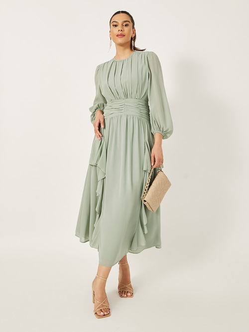 Buy Ruffled Detail Balloon Sleeves A-Line Midi Dress Green