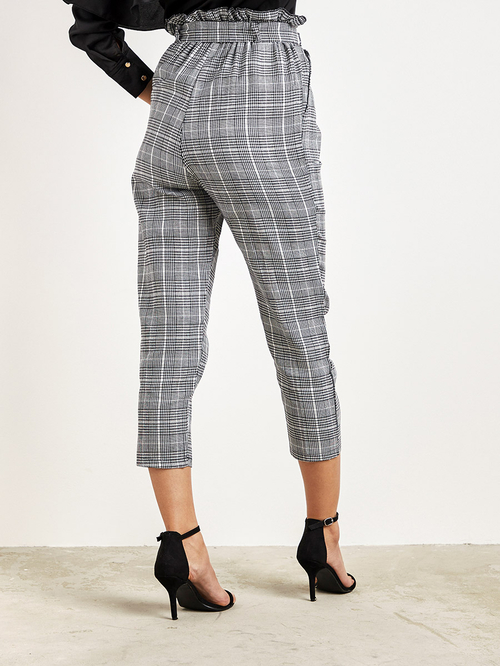 Buy Chequered Paper Bag Waist Trousers with Belt Black For Women Styli Saudi