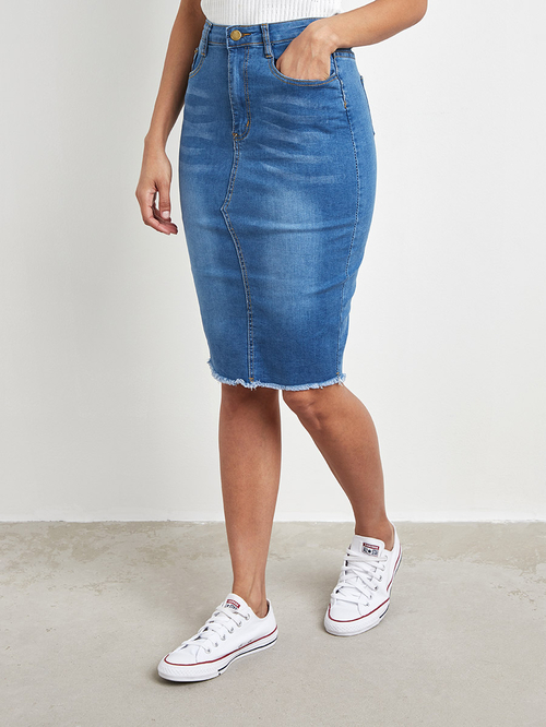 Frayed hem denim midi skirt discount