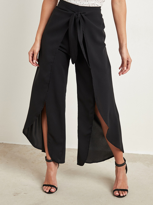 Buy Tie Front Detail High Slit Palazzo Pants Black For Women Styli Saudi