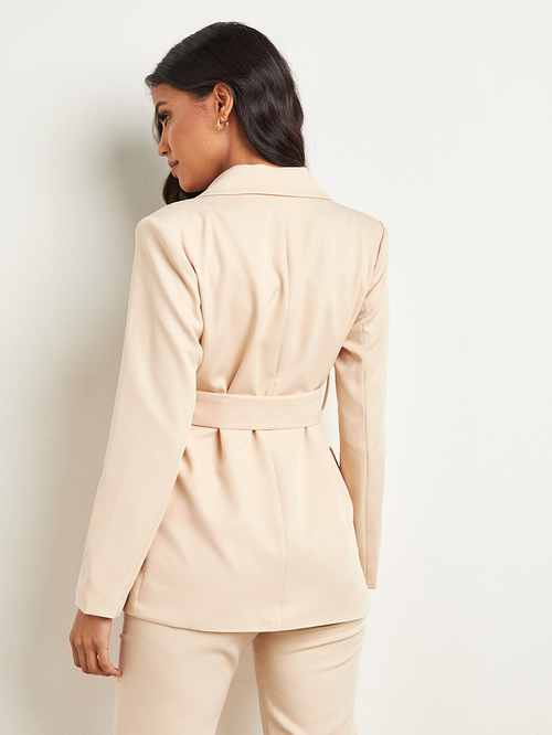 Buy Single Button Detail Belted Longline Blazer Beige For Women Styli Saudi