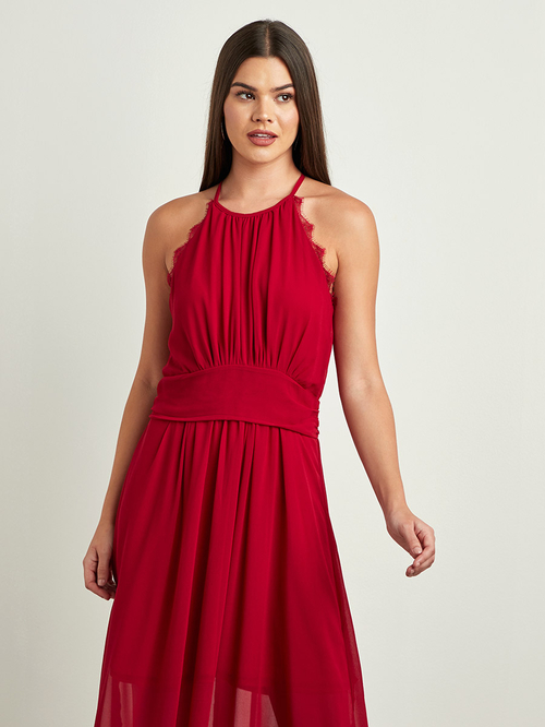 Buy Lace Insert Pleated A Line Maxi Dress Maroon For Women Styli Kuwait