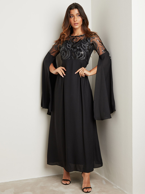 Buy Flare Slit Sleeves Embellished Yoke A Line Maxi Dress Black For Women Styli Saudi