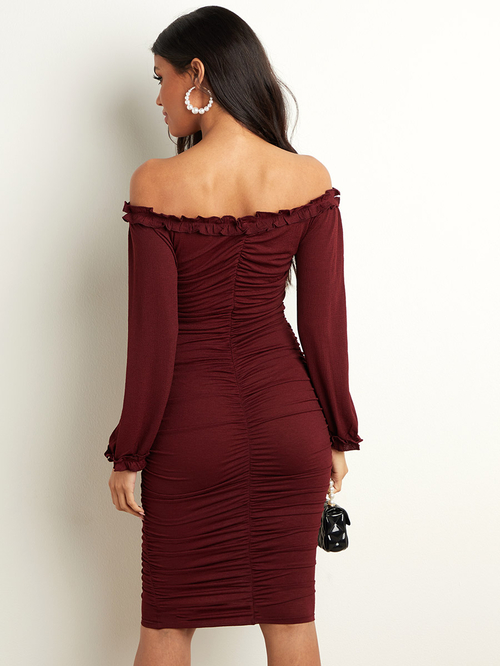 Buy Bardot Bodycon Midi Dress with Ruched Detail Rust For Women Styli UAE