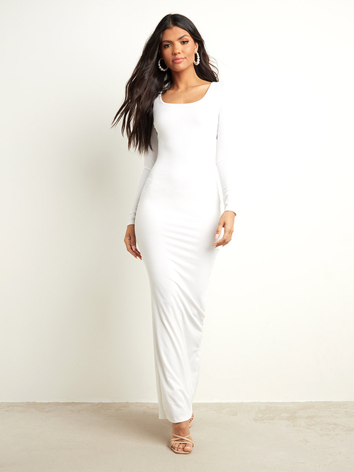 Buy Solid Scoop Neck Ribbed Bodycon Maxi Dress White For Women Styli UAE