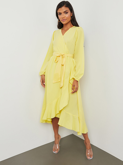 Buy Long Sleeves Wrap Style Midi Dress with Waist Tie Up Yellow For Women Styli UAE