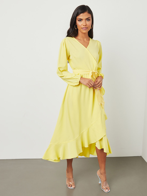 Yellow wrap midi dress discount