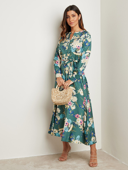 Buy Floral Printed Long Sleeves Belted Maxi Dress Green For Women Styli Saudi