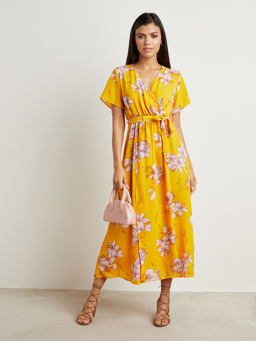 Buy Floral Print A Line Wrap Maxi Dress Yellow For Women Styli UAE