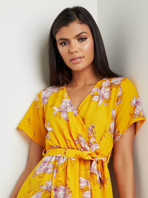 Buy Floral Print A Line Wrap Maxi Dress Yellow For Women Styli UAE