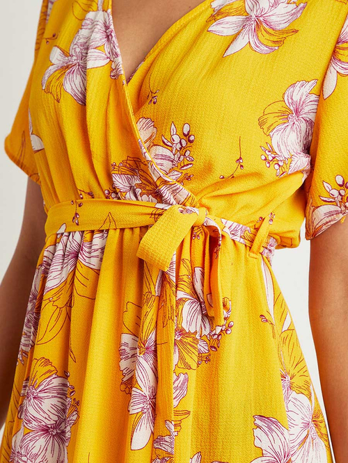 Yellow floral wrap dress hot sale