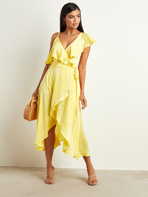 Buy Frill Cold Shoulder Wrap Around Midi Dress Yellow For Women Styli UAE