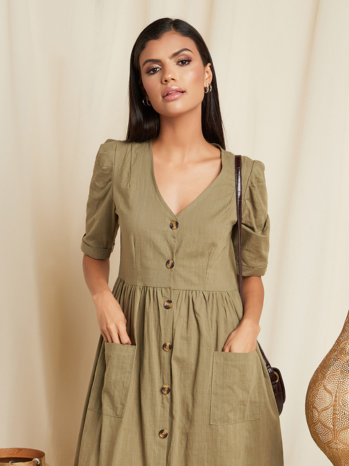 Khaki button front dress online