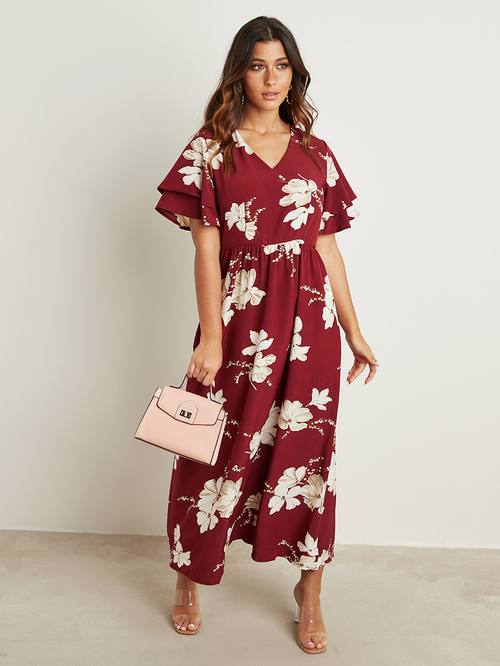 Buy Floral Printed A Line Maxi Dress with Double Frill Sleeves Maroon For Women Styli Saudi