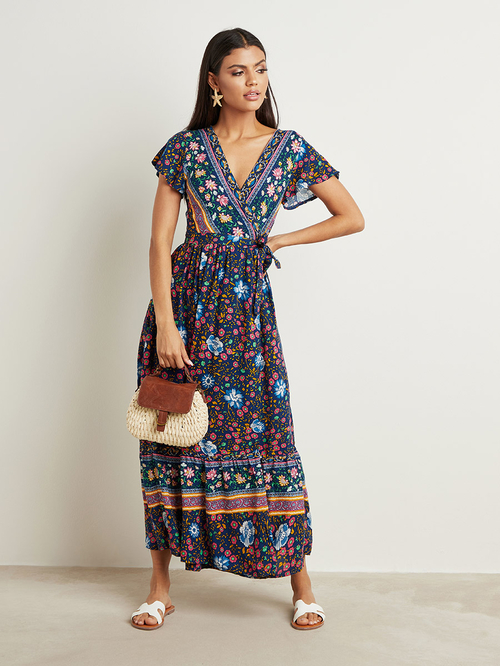 Buy Floral Print Aline Wrap Maxi Dress with Short Sleeves Navy Blue For Women Styli Saudi