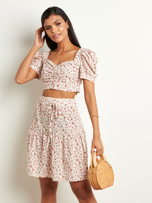 Buy Floral Printed Puff Sleeves Crop Top and Skater Skirt Co Ord Set Beige For Women Styli Saudi